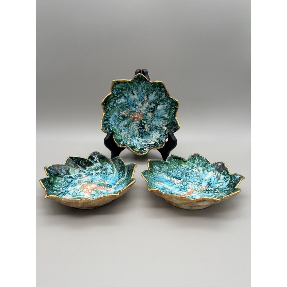 MCM Lotus Flower Style Trinket Dish Mottled Drip Glaze Gold Trim Set of 3
